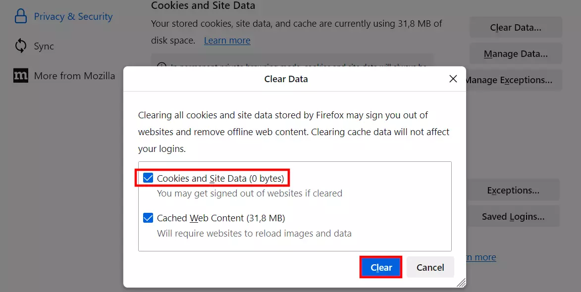Billede: Clearing cookies in Firefox