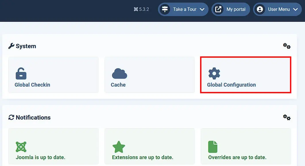 Billede: ‘Global Configuration’ button in the Joomla backend
