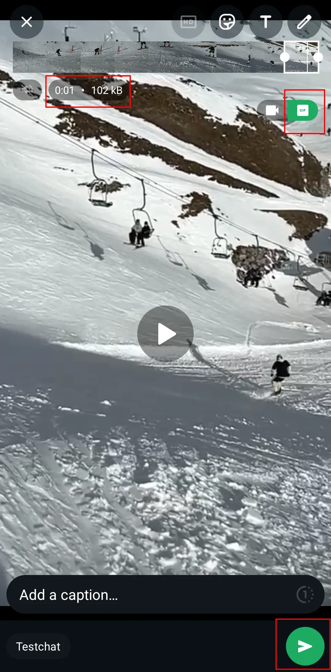 Billede: Android screenshot of cutting a video in WhatsApp with the GIF button