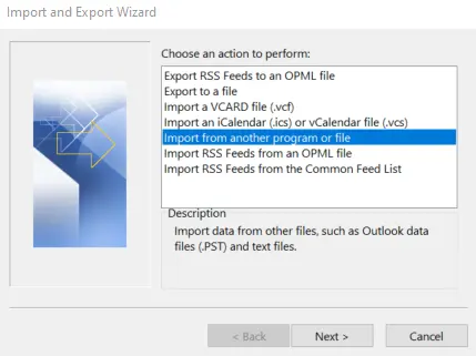 Start menu of the Import and Export Wizard in Outlook 365 Billede: Start menu of the Import and Export Wizard in Outlook 365