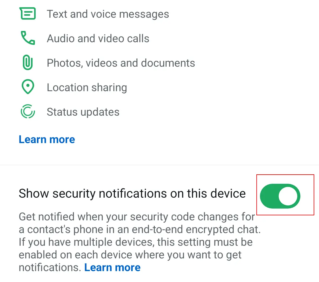 Billede: Android screenshot of security options in WhatsApp account settings