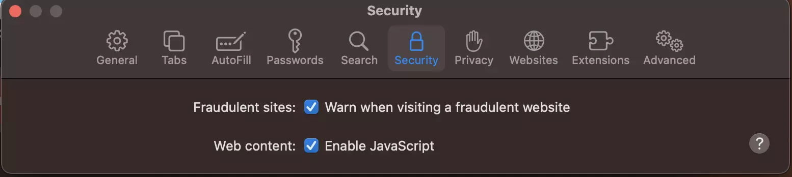 Billede: Screenshot of the security settings in Safari