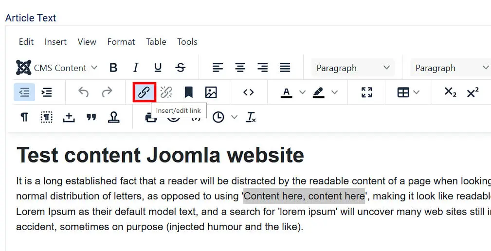 Billede: Joomla: Option ‘Insert/edit link’