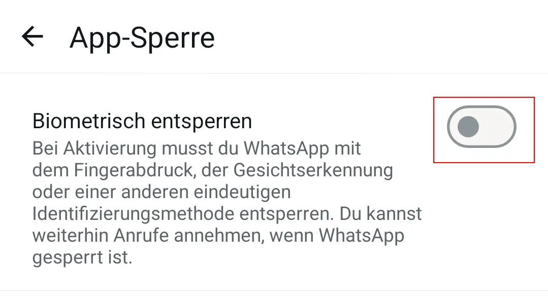 Bild: Android-Screenshot der Bildschirmsperre-Option auf WhatsApp