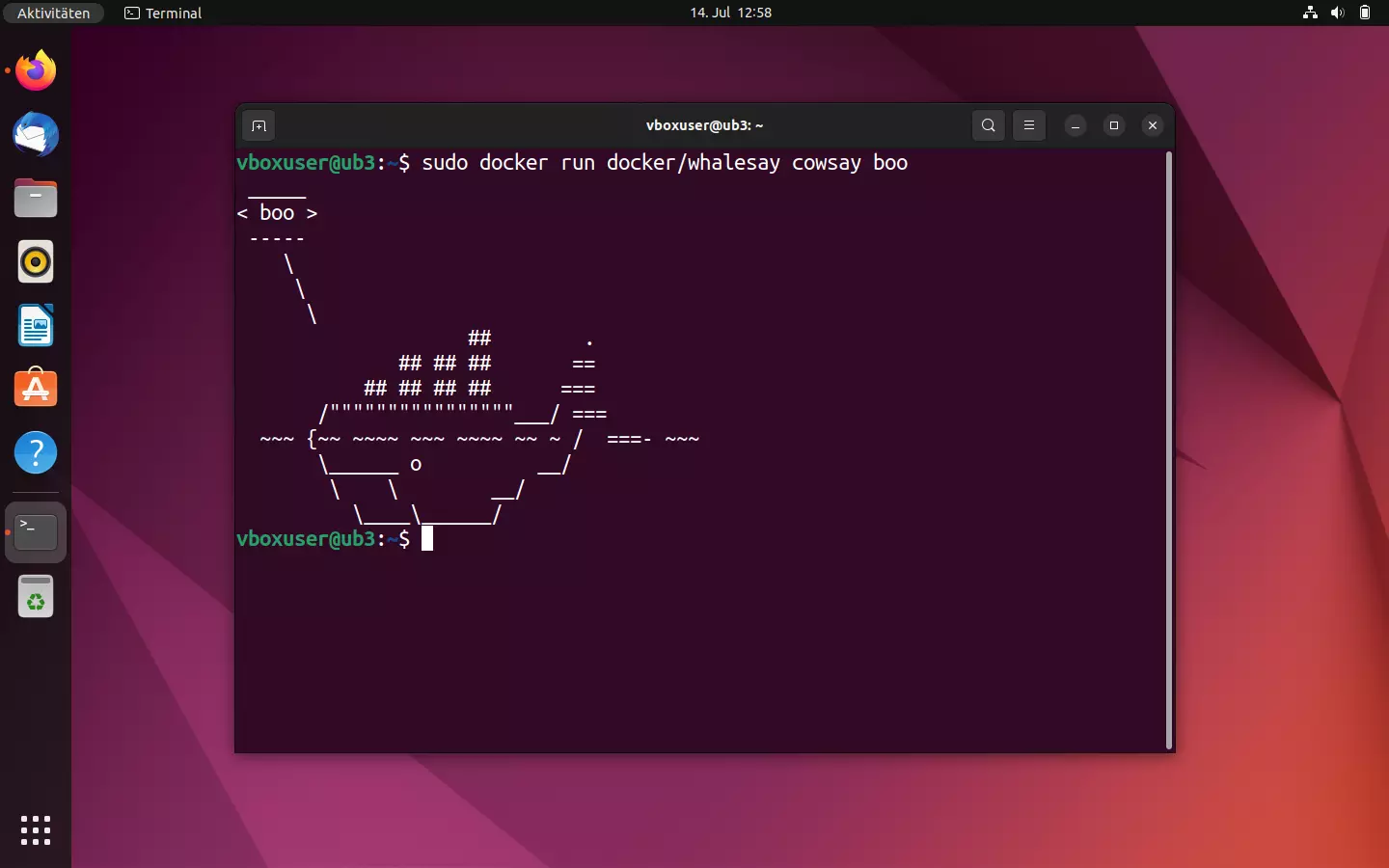 Bild: Terminalausgabe des Containers docker/whalesay: Der Wal sagt boo