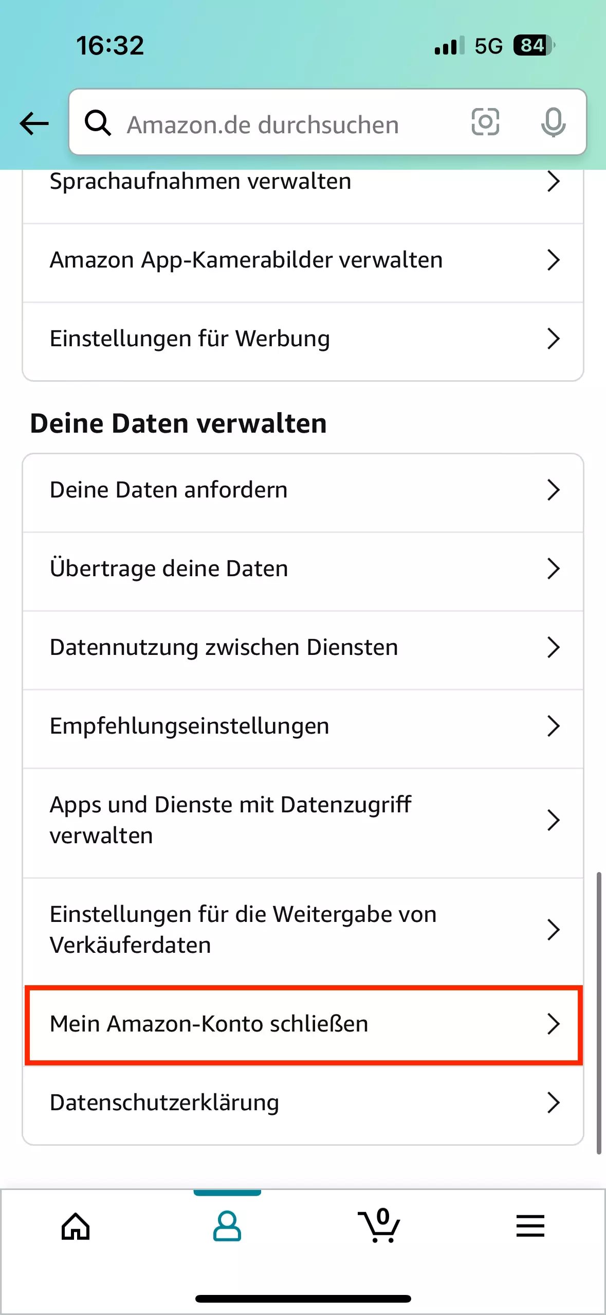 Bild: Der Weg zur Kündigung des Accounts führt über „Deine Daten verwalten“ im Menü.