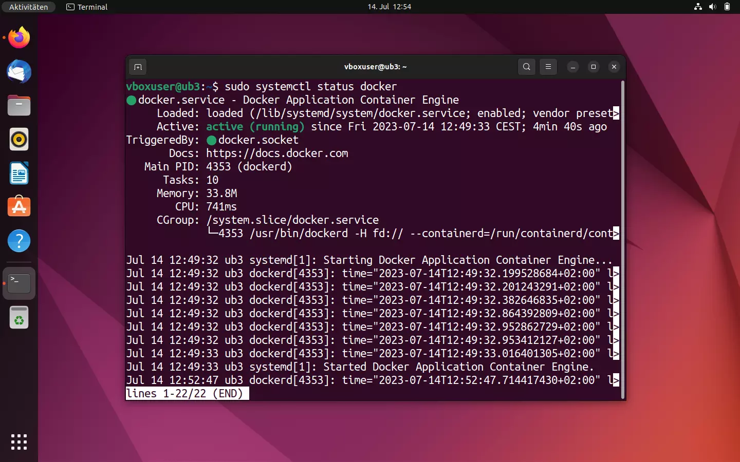 Bild: Die Statusabfrage via systemctl zeigt: Die Docker-Engine ist aktiv (running)