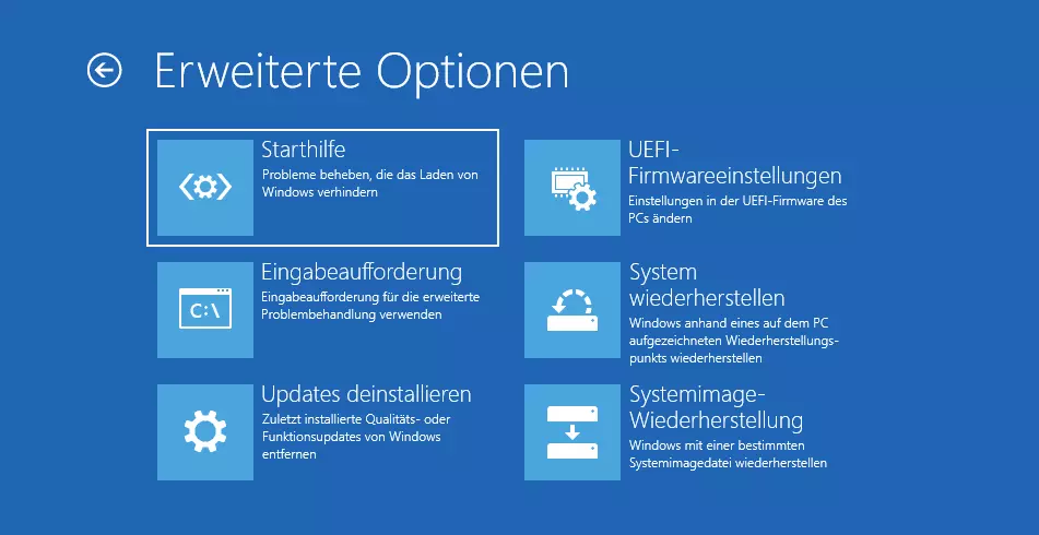 Bild: Screenshot der erweiterten Optionen in der Problembehandlungsumgebung von Windows 11
