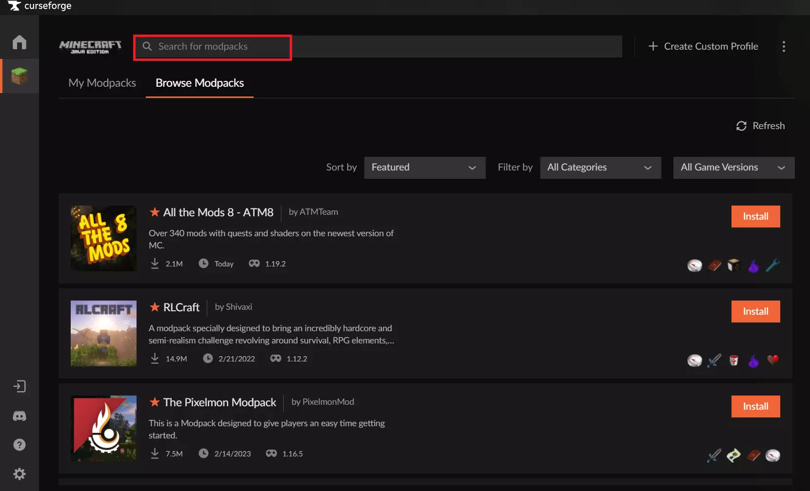 Bild: Ansicht von Curse Forge