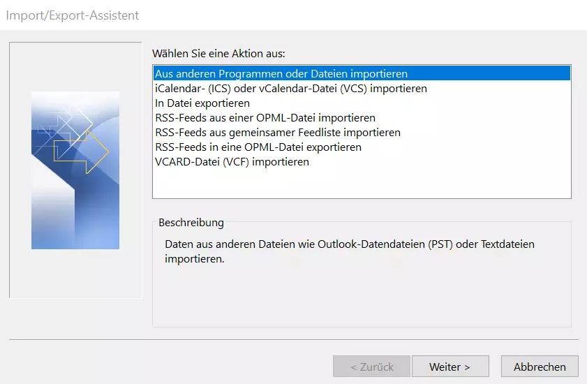 Bild: Startmenü des Import/Export-Assistenten in Outlook 365