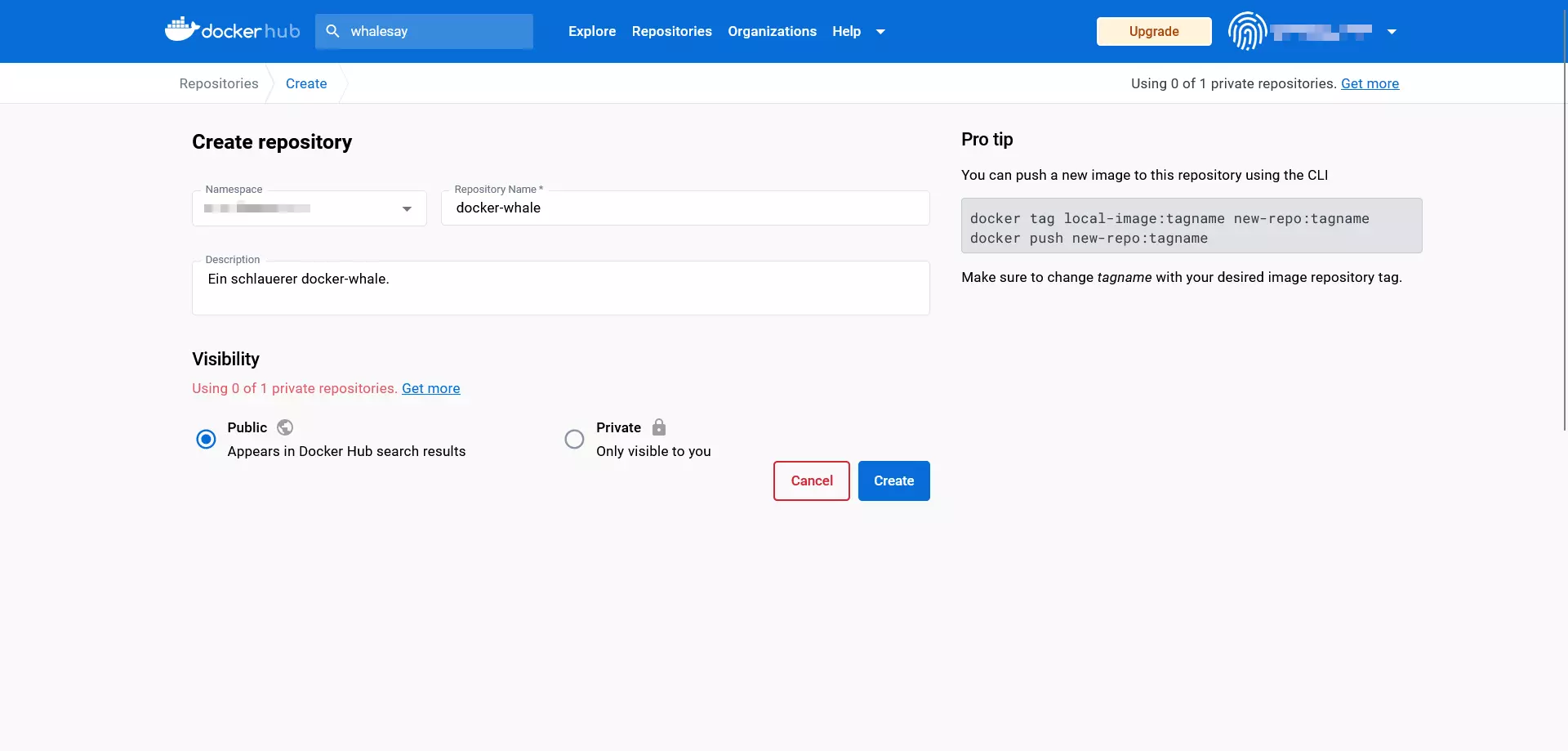 Bild: Das Docker-Hub: Eingabemaske zur Erstellung eines Repositorys