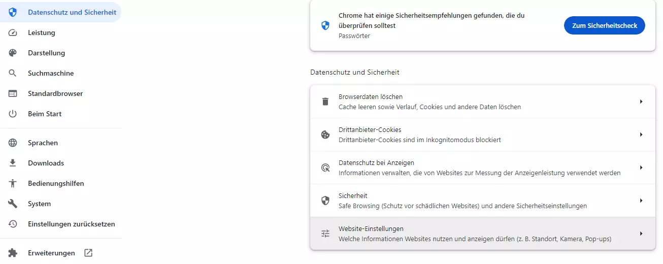 Bild: Google Chrome: Website-Einstellungen