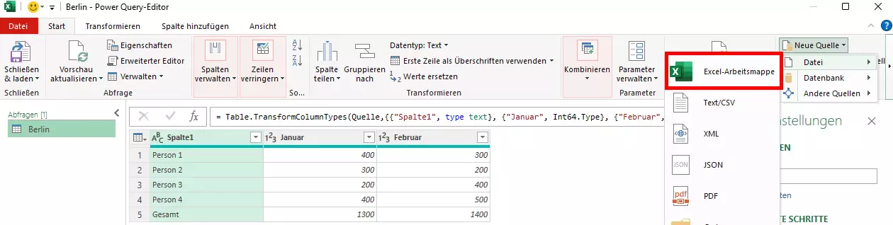 Bild: Excel-Tabelle über „Neue Quelle“, „Datei“ und „Excel“ importieren
