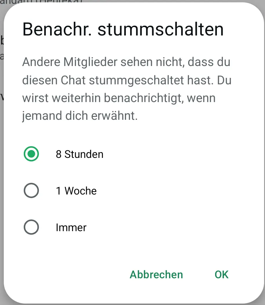 Bild: Android-Screenshot der Stummschaltungsfunktion im Chat-Infofenster