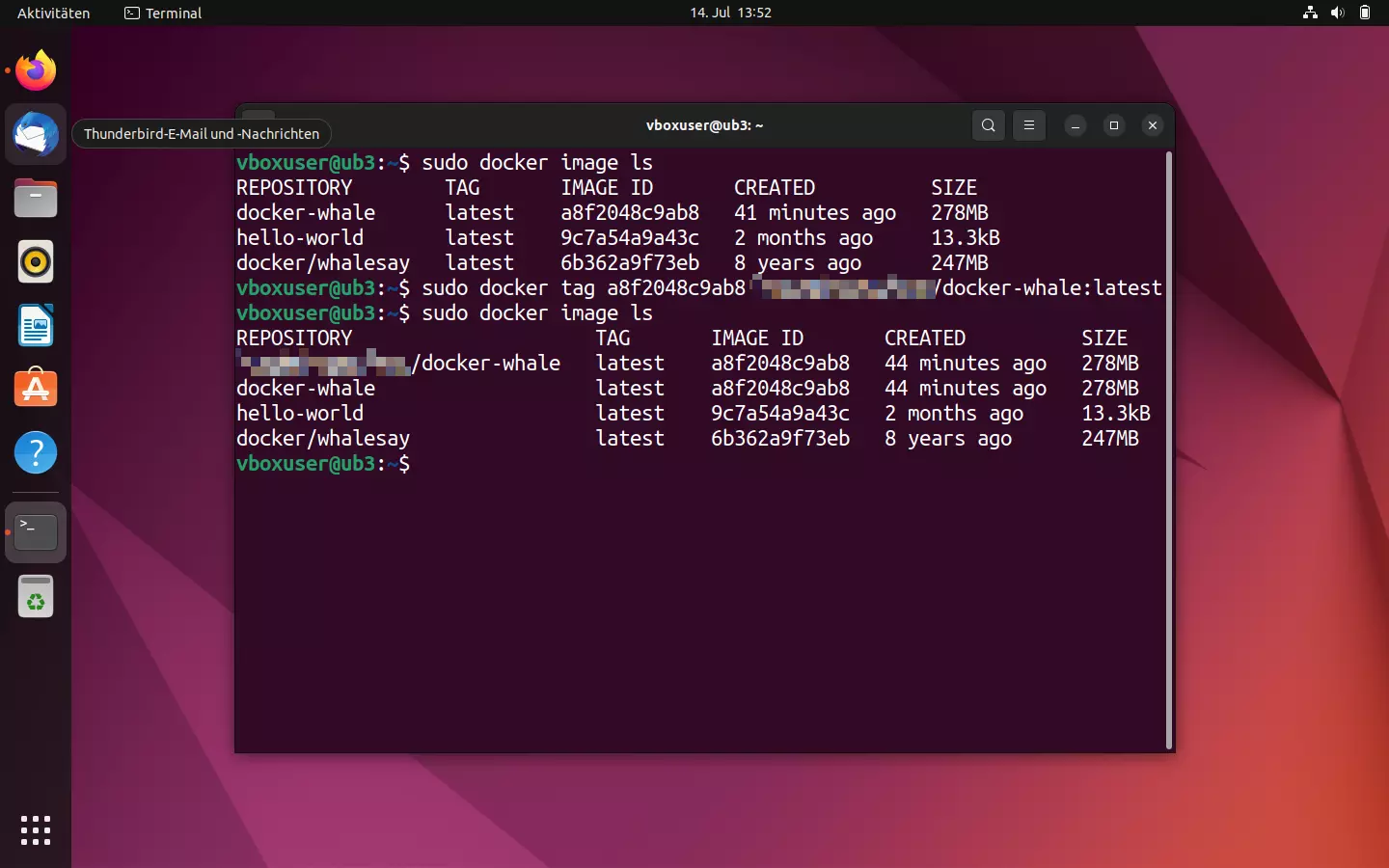 Bild: Ubuntu-Terminal: Image-Übersicht vor und nach dem Tagging