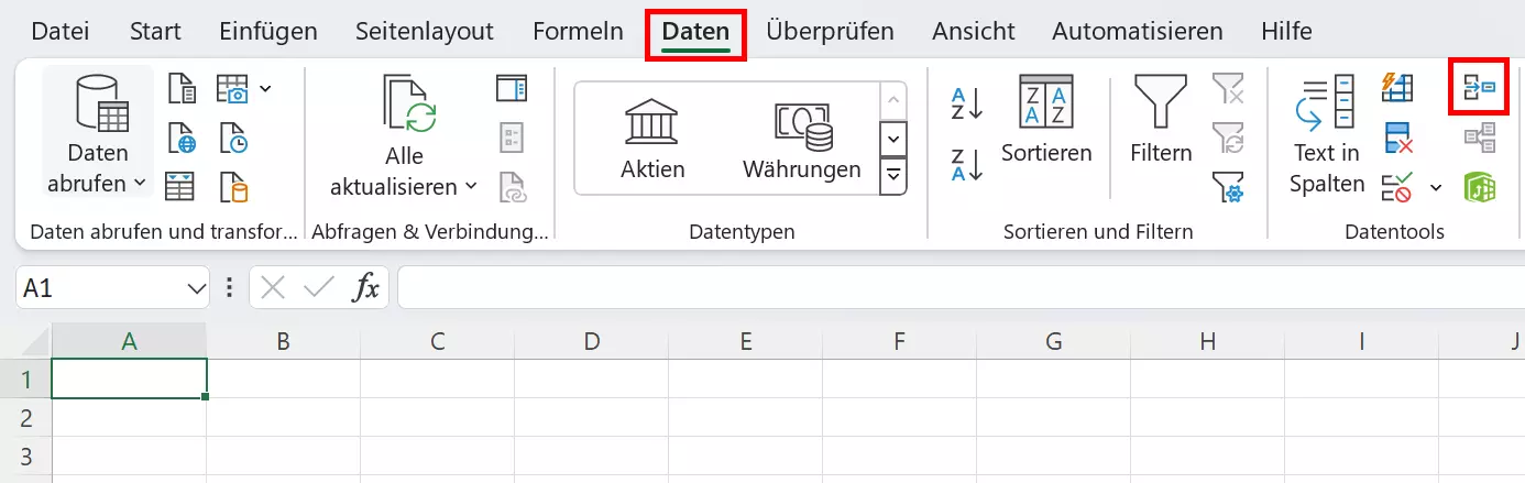 Bild: Gehen Sie im Menüband auf „Daten“ und klicken Sie im Feld „Datentools“ auf „Konsolidieren“