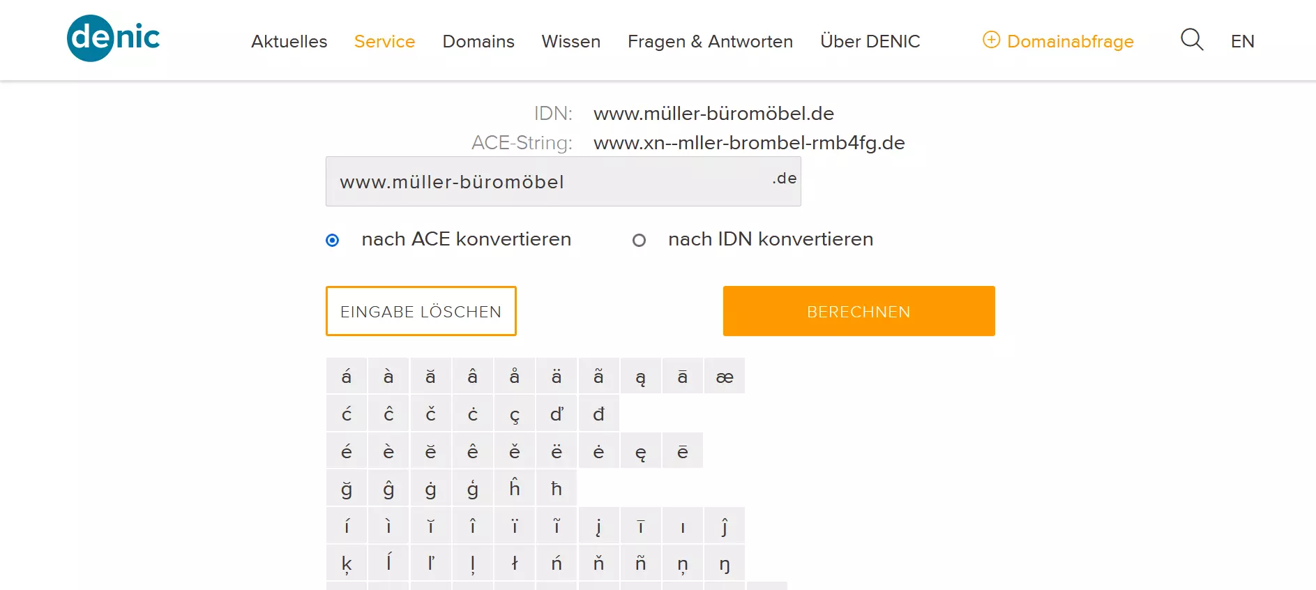 Bild: Der Punycode-Converter der DENIC