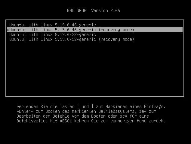 Bild: GRUB Wiederherstellungsmodi für installierte Kerne