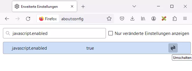 Bild: Firefox-Einstellung „javascript.enabled“
