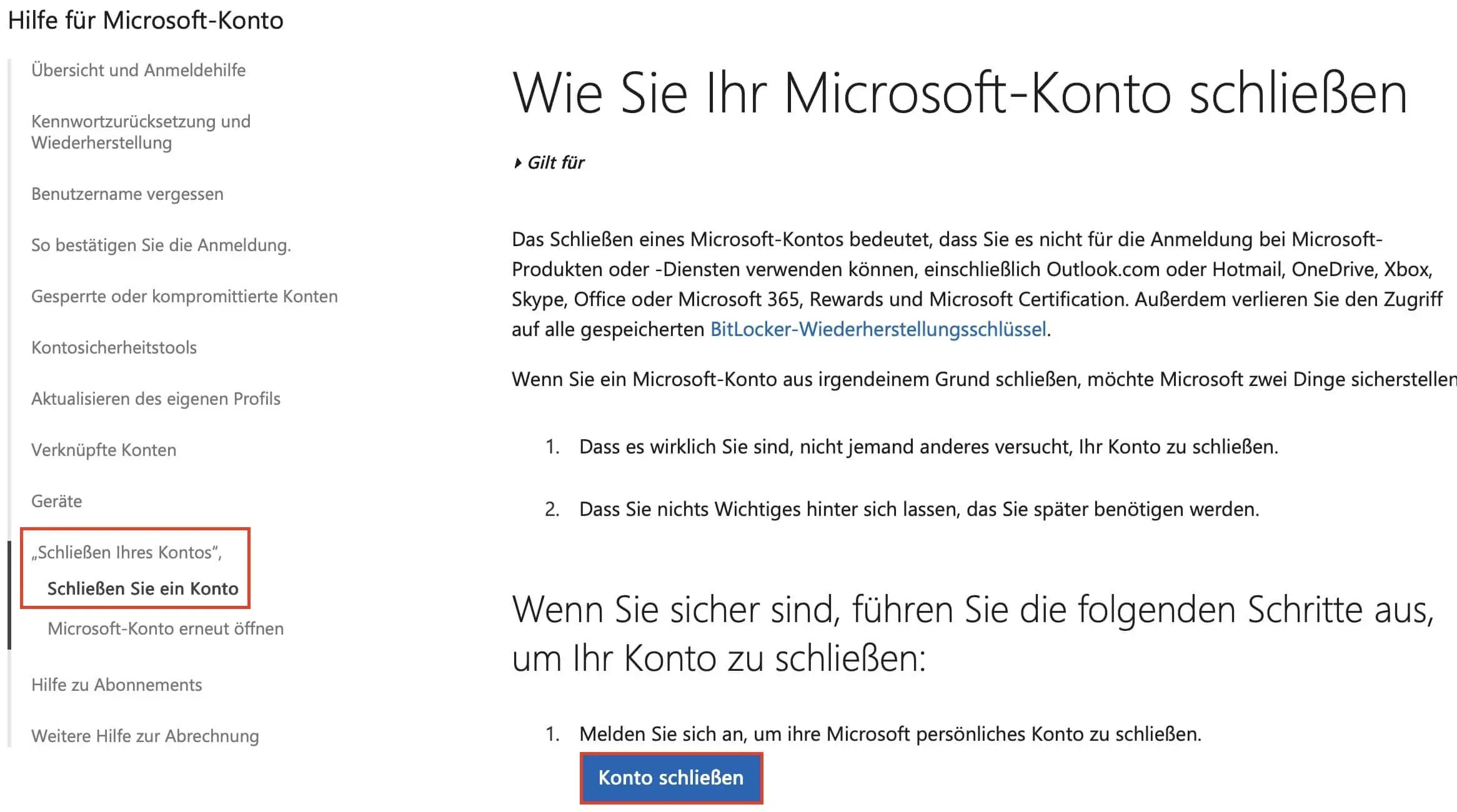 Bild: Microsoft: „Wie Sie Ihr Konto schließen“