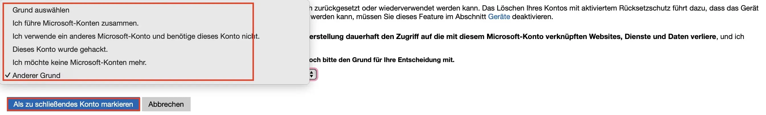 Bild: Markierung als zu schließendes Konto