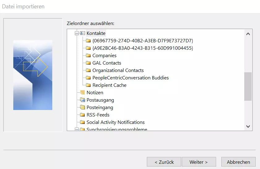 Bild: Import/Export-Assistent in Outlook 365: Auswahl des Import-Zielordners