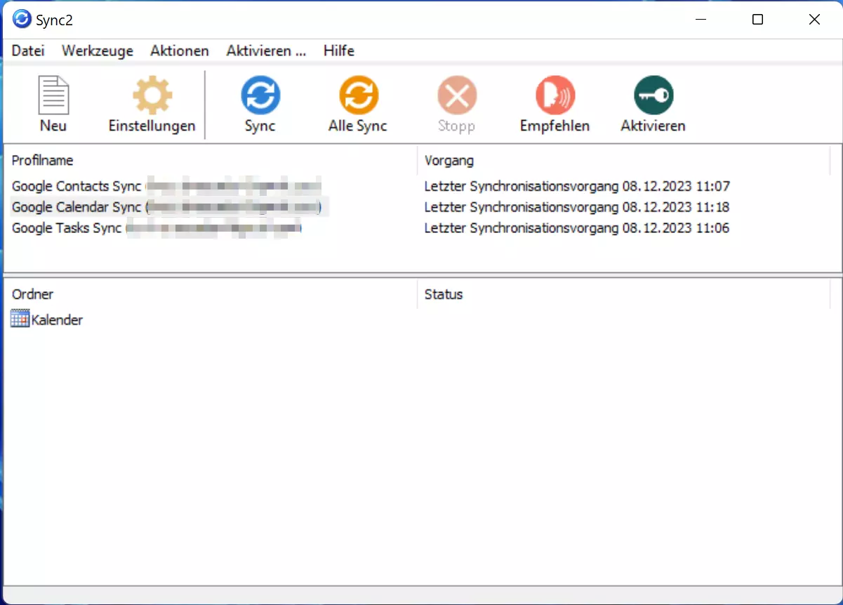 Bild: Sync2: Übersicht der synchronisierten Google-Daten