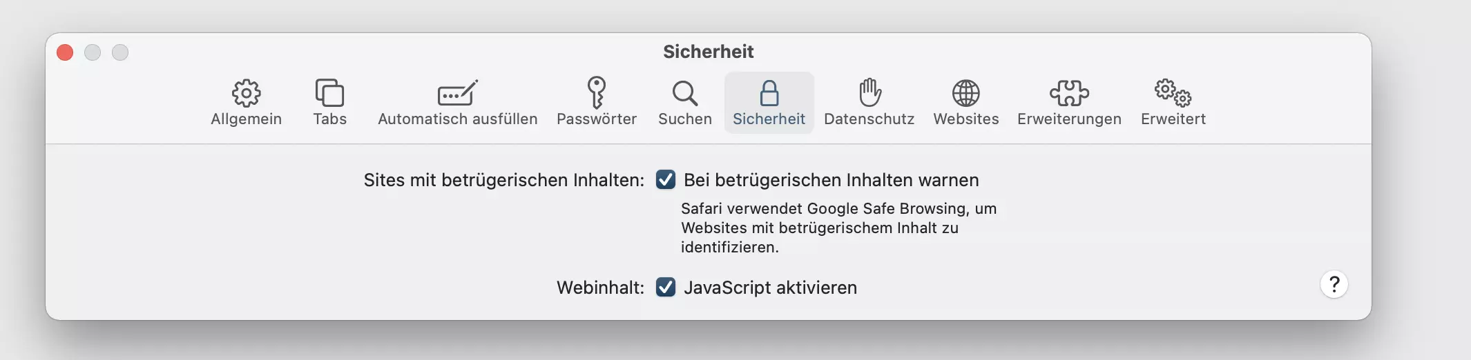Bild: Screenshot der Sicherheitseinstellungen von Safari