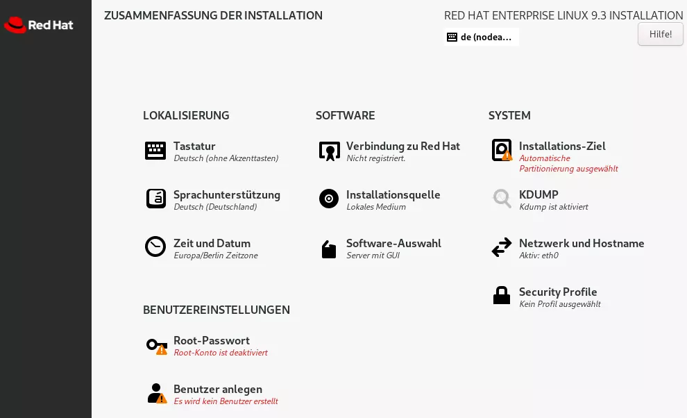 Bild: Screenshot des Installationsmenüs von RHEL 9