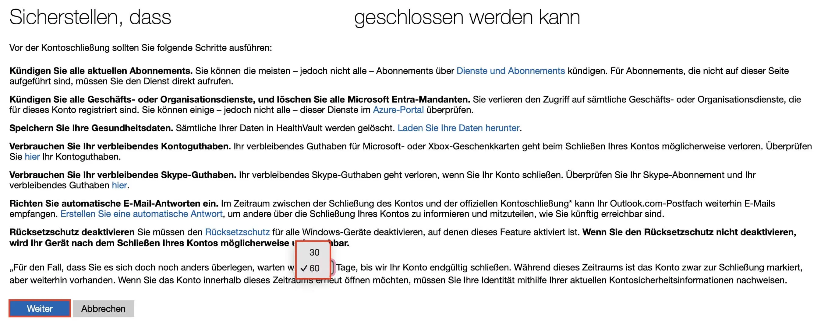 Bild: Microsoft-Konto schließen: Vorabinformationen