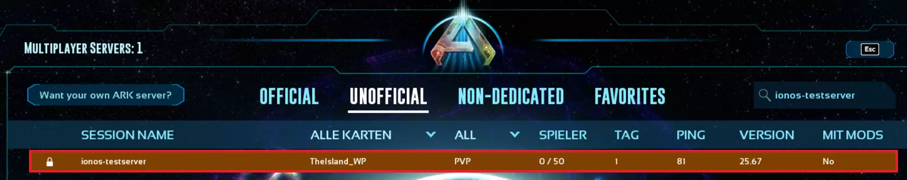 Bild: Auswahl des soeben erstellten Servers in ARK: Survival Ascended