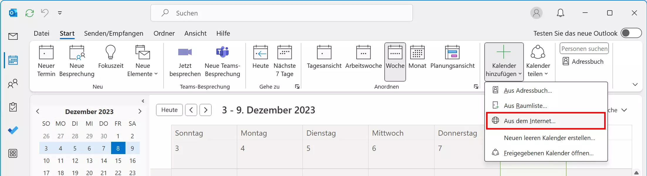 Bild: Outlook: Kalender aus dem Internet hinzufügen