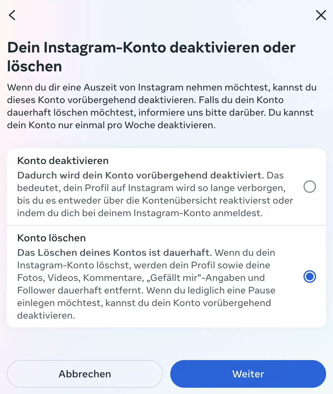 Bild: “Konto löschen“ auswählen
