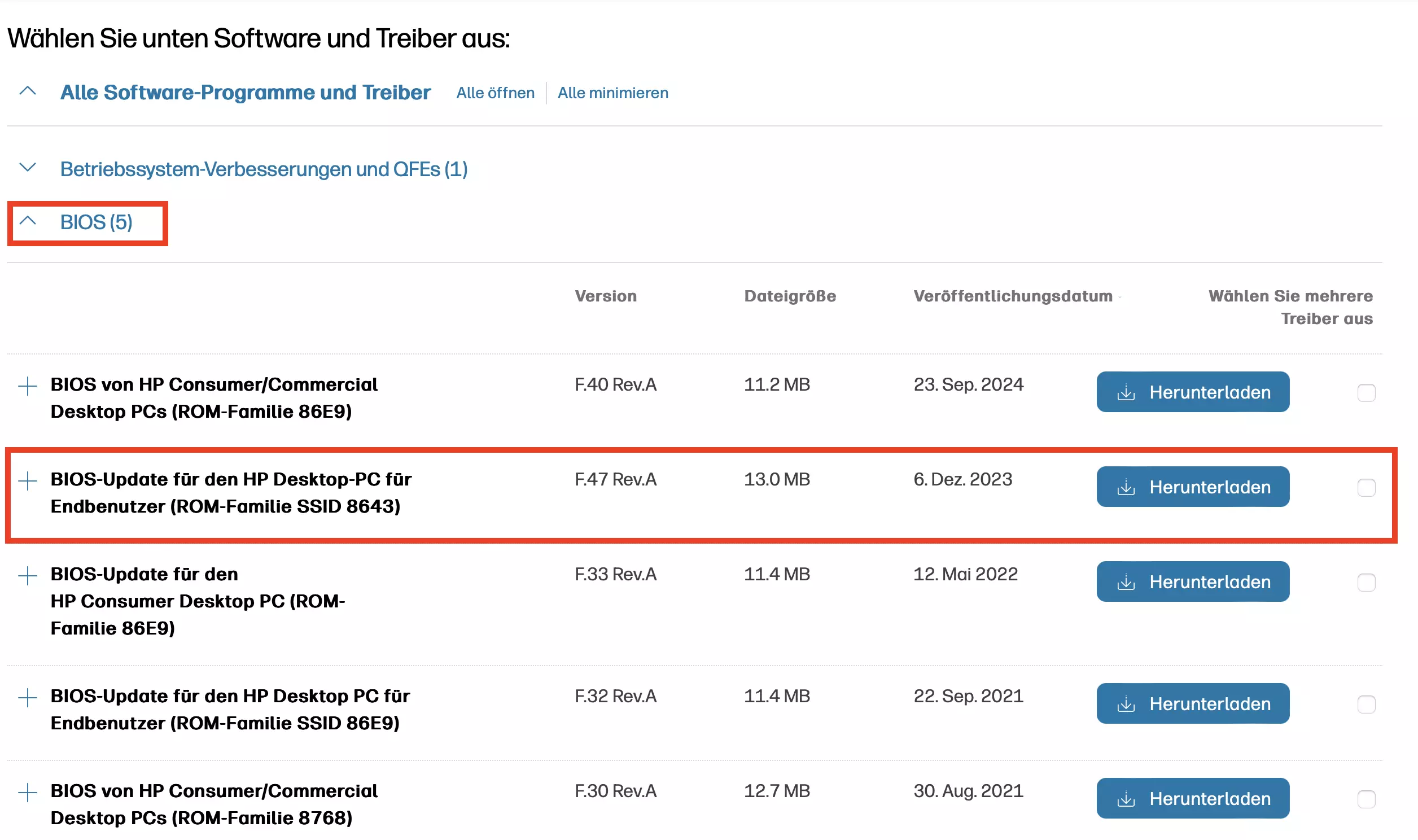 Bild: HP Website: BIOS-Update wählen