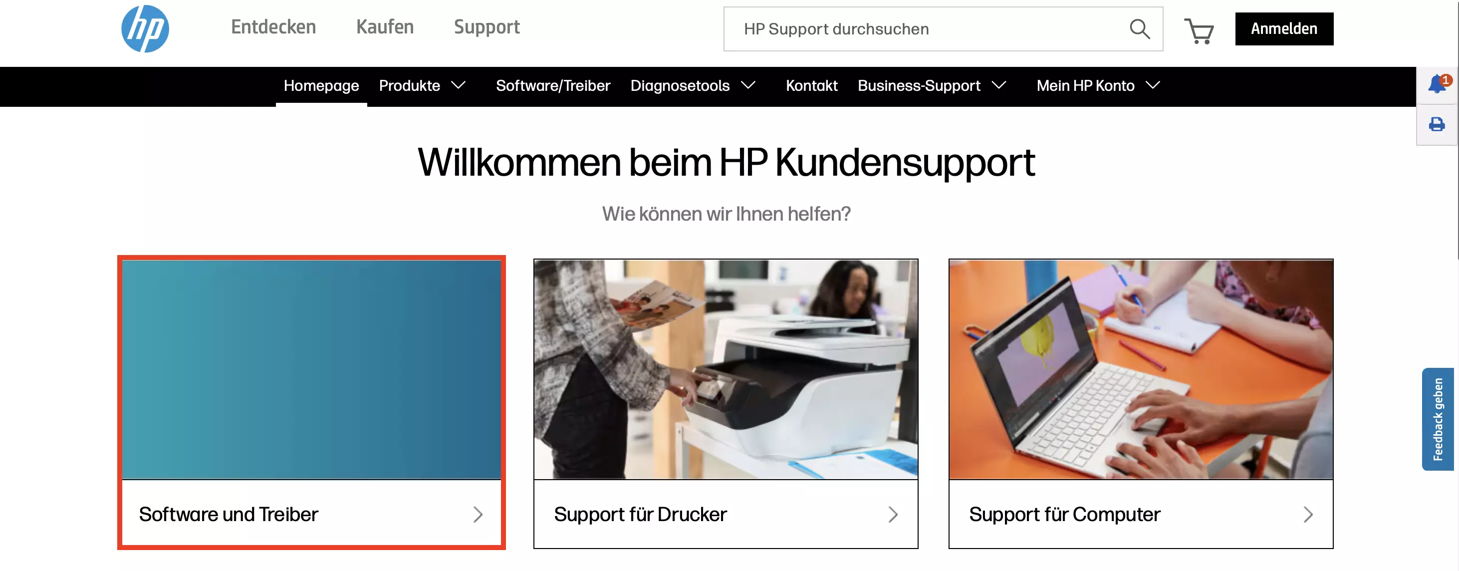 Bild: HP-Website: Software und Treiber