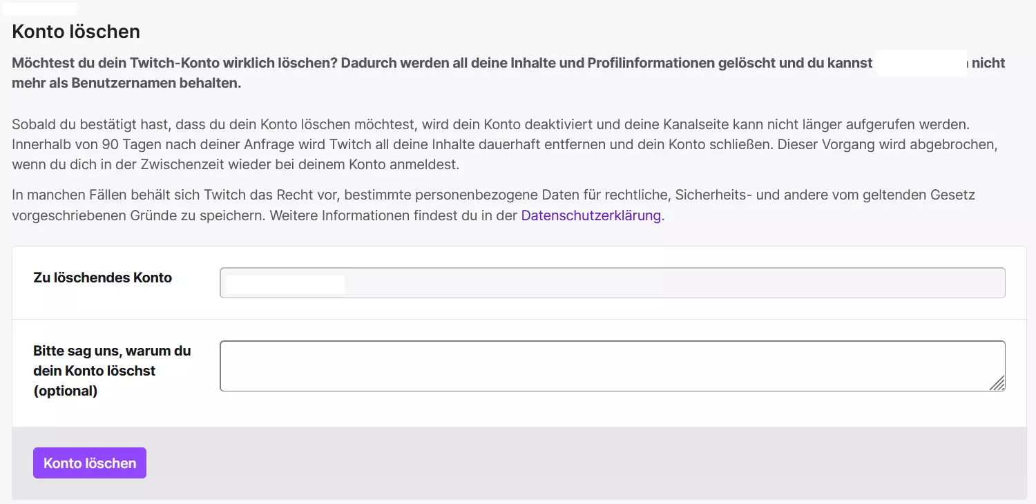 Bild: Dialog, um den Twitch-Account zu löschen
