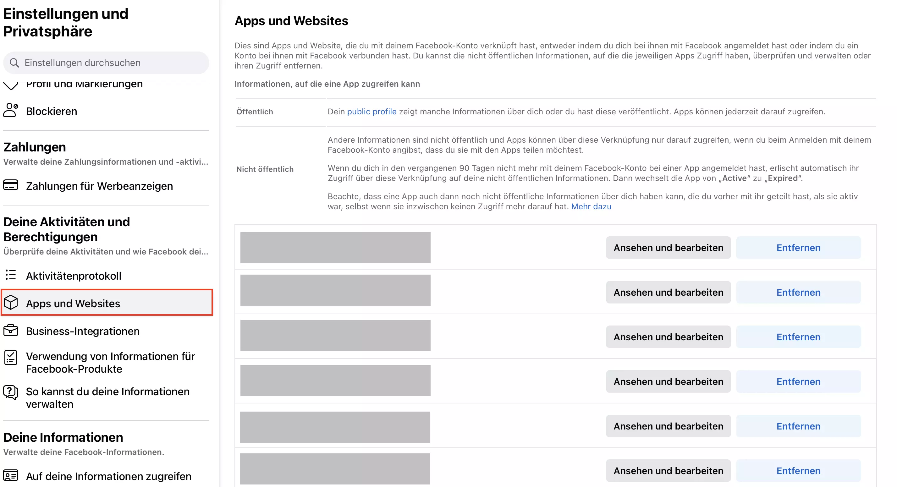 Bild: Facebook-Menü „Apps und Websites“