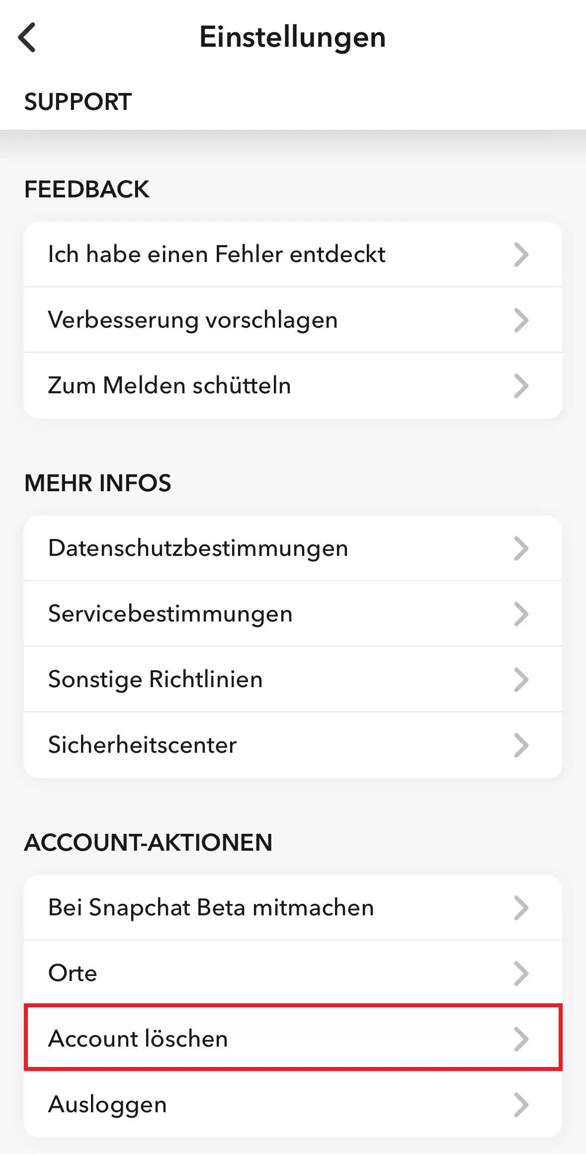 Bild: Account-Aktionen in den Einstellungen der Snapchat-App
