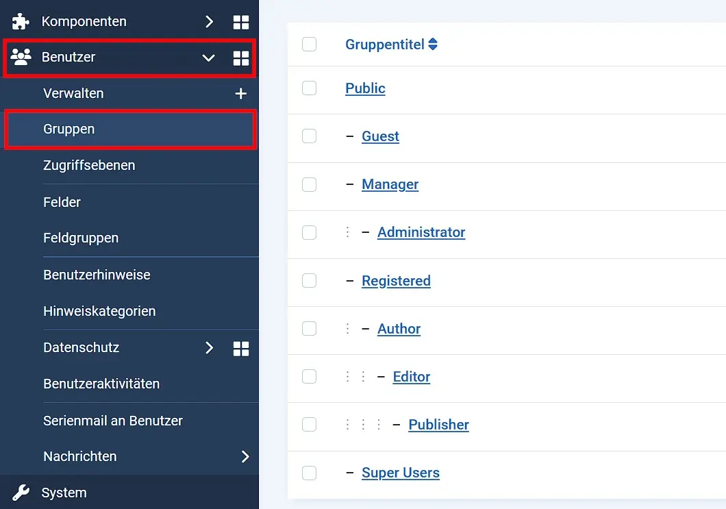 Bild: Vorgefertigte Benutzergruppen in Joomla