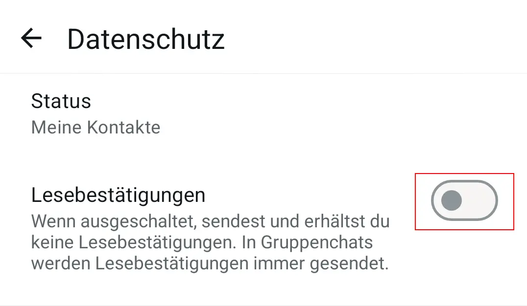 Bild: Android-Screenshot des WhatsApp Datenschutzbereichs mit deaktivierter Lesebestätigungsoption