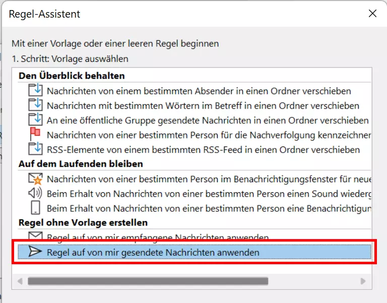 Bild: Regel-Assistent: Regel nur auf von mir gesendete Nachrichten anwenden