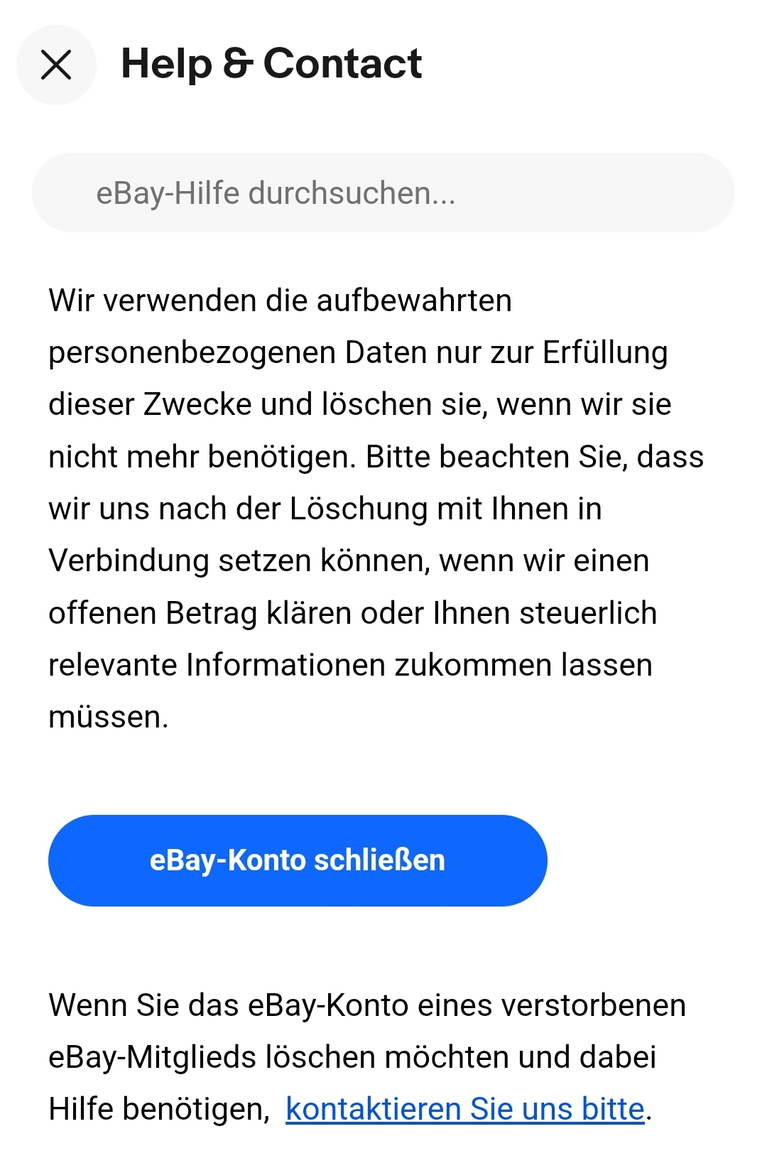 Bild: Screenshot der eBay-Hilfeseite „Konto schließen“ mit Schaltfläche