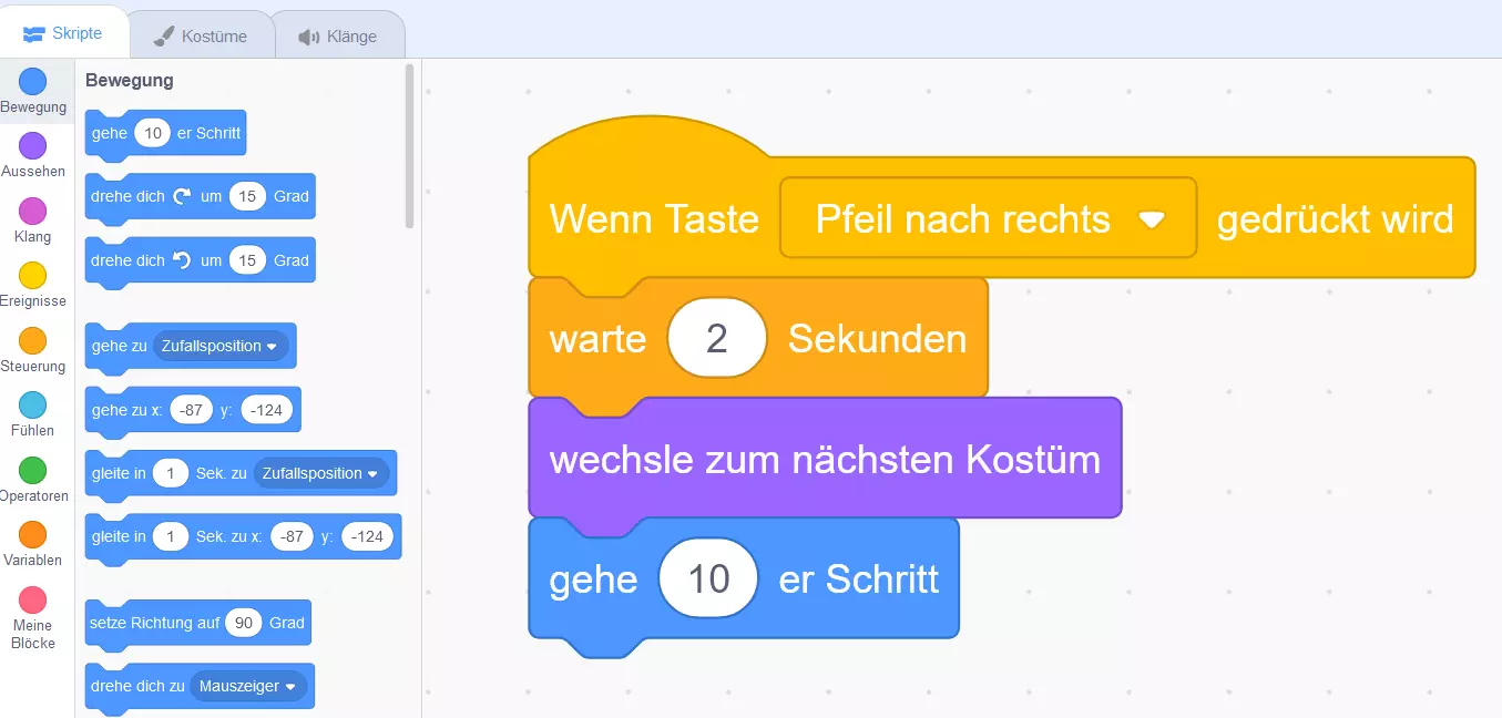 Bild: Scratch programmieren: Skript-Übersicht im Beispiel-Projekt