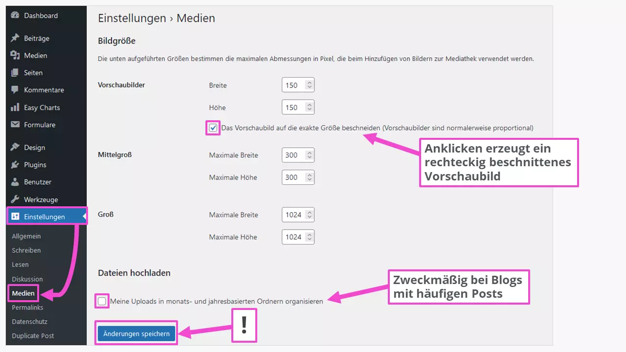Bild: Einstellung der Bildgrößen im WordPress-Dashboard