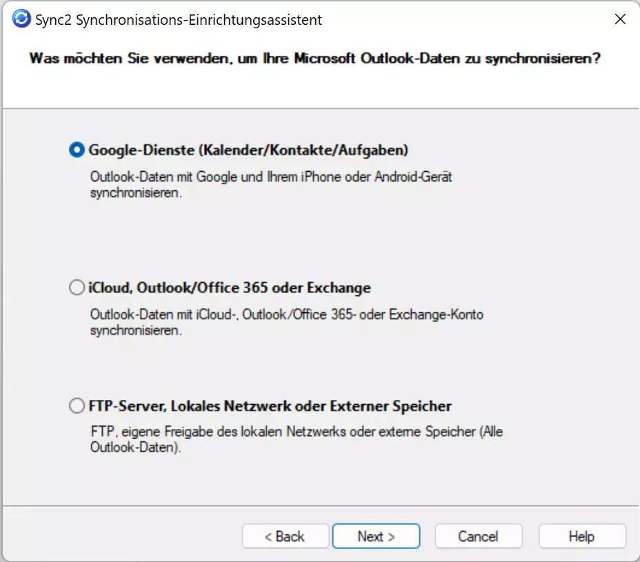 Bild: Auswahlmöglichkeiten im Sync2 Synchronisations-Einrichtungsassistenten