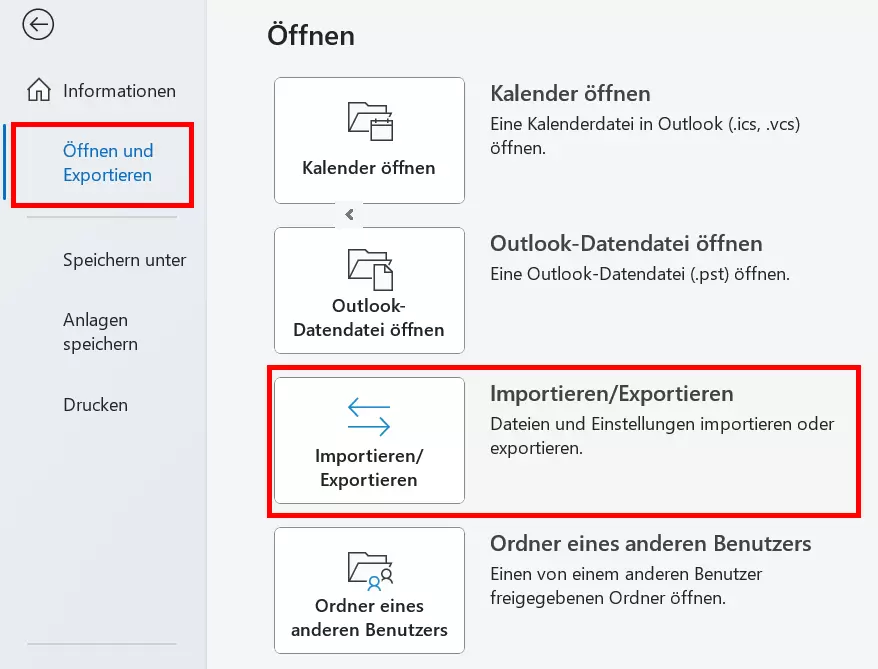 Bild: Optionen des „Öffnen“-Menüs in Microsoft Outlook