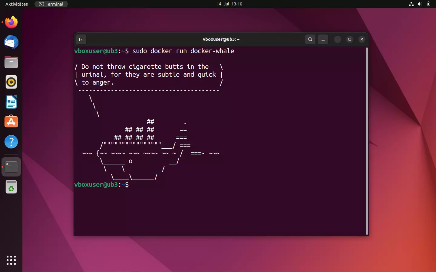 Bild: Container auf Basis von docker-whale: Textausgabe im Terminal