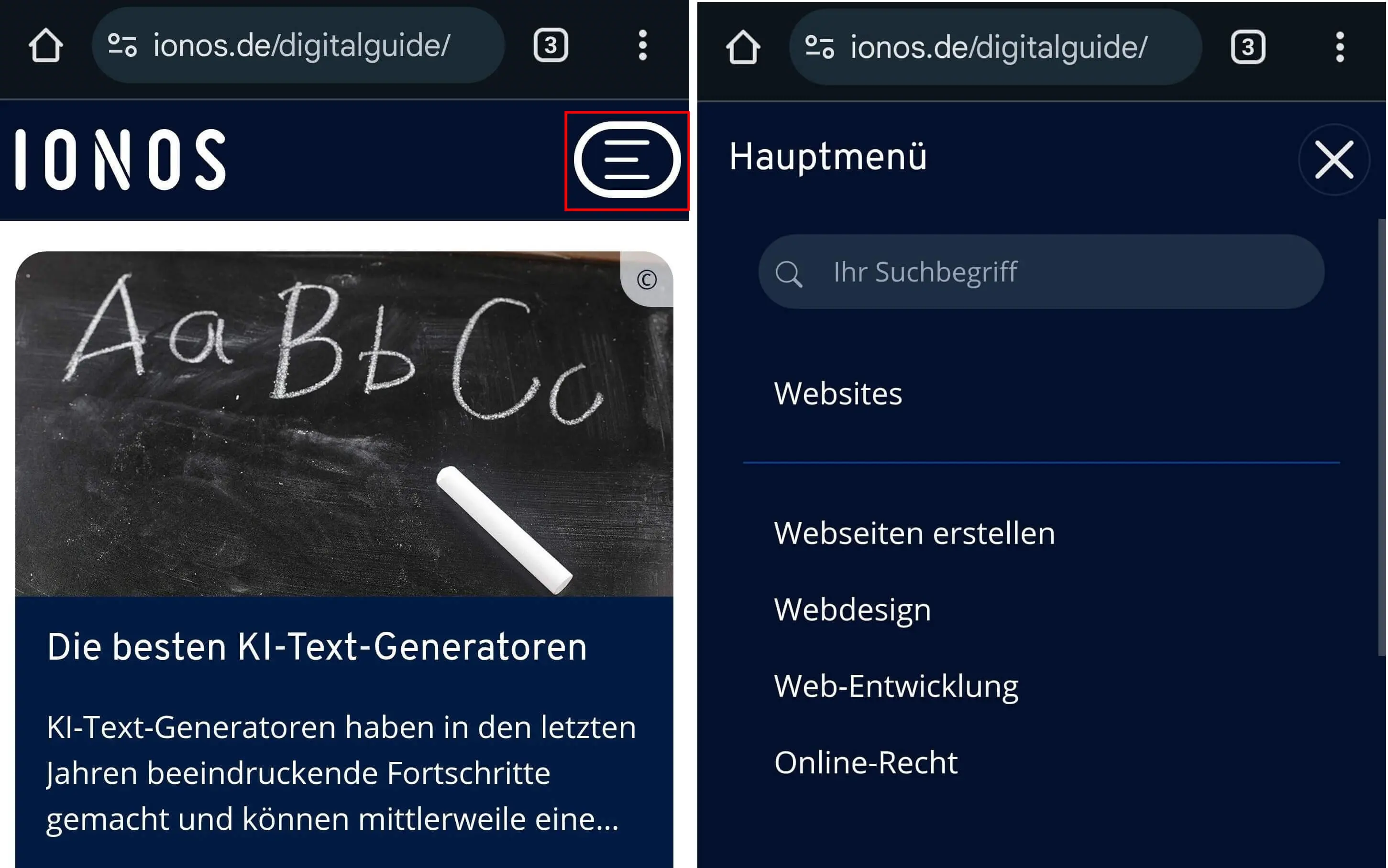Bild: Listen-Navigation im Digital Guide von IONOS