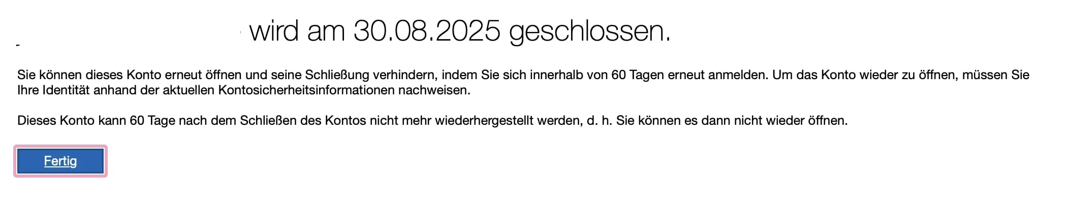 Bild: Bestätigung der Kontoschließung