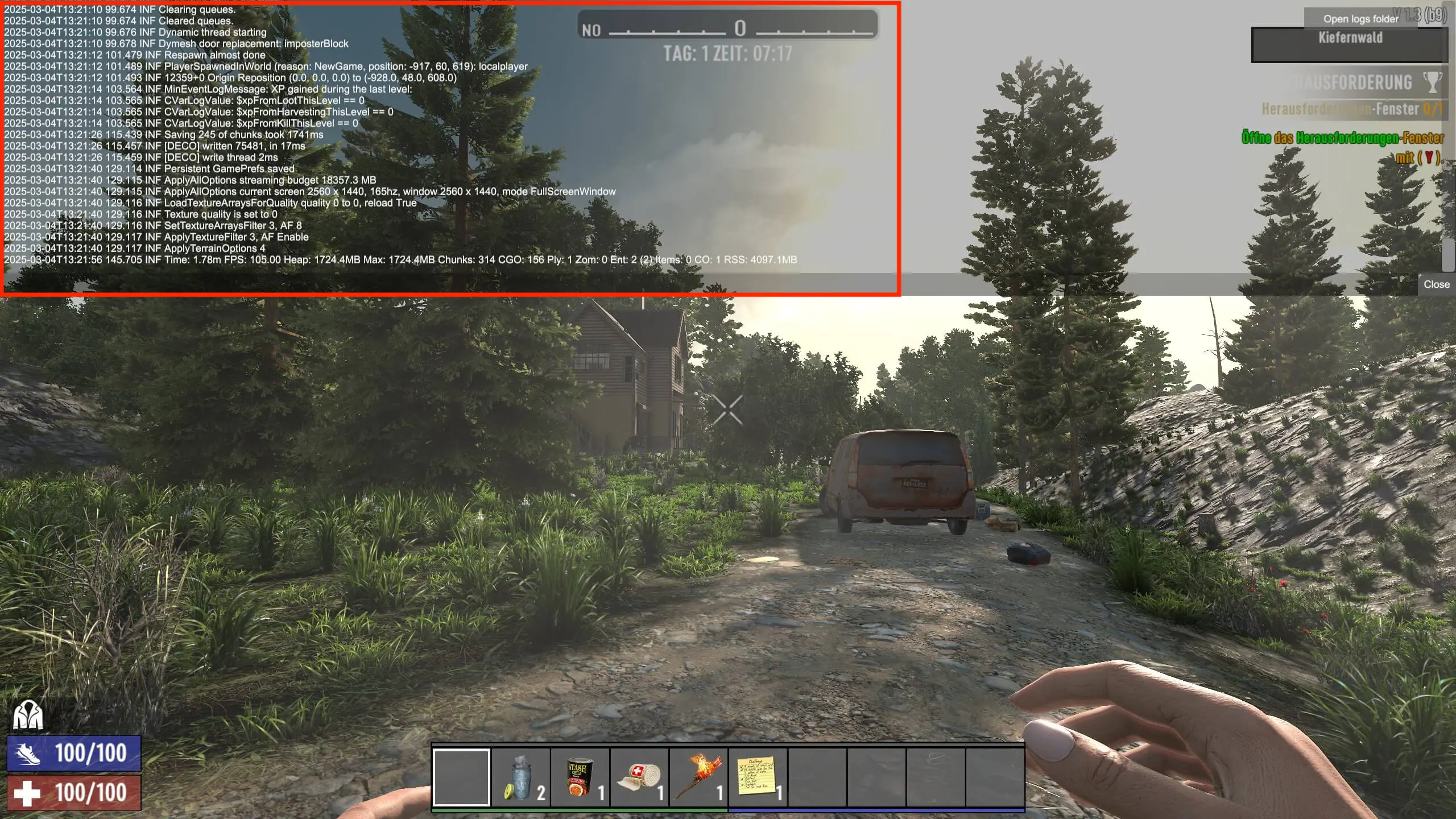 Bild: Screenshot der Entwicklerkonsole in 7 Days to Die